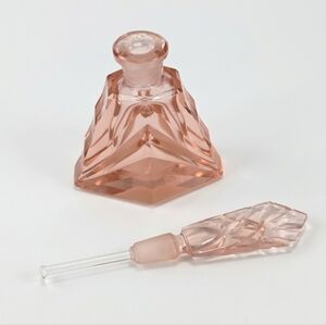Vintage 30s ​Art Deco Czech Pink Glass Perfume Bottle - Fan Stopper & Dauber
